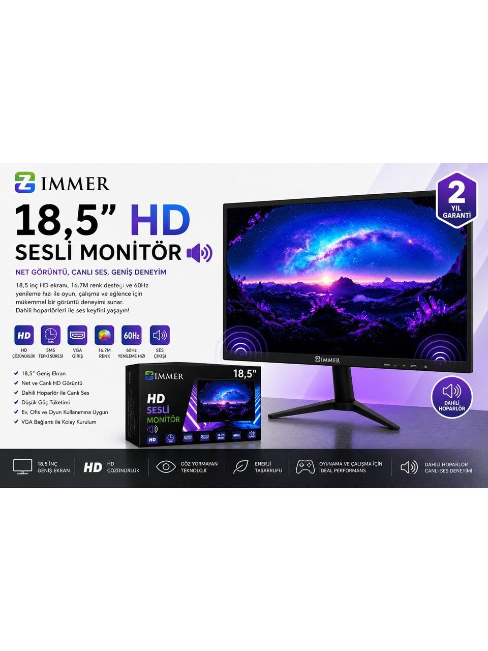 Zimmer 18,5 Inç Hd Sesli LED Monitör