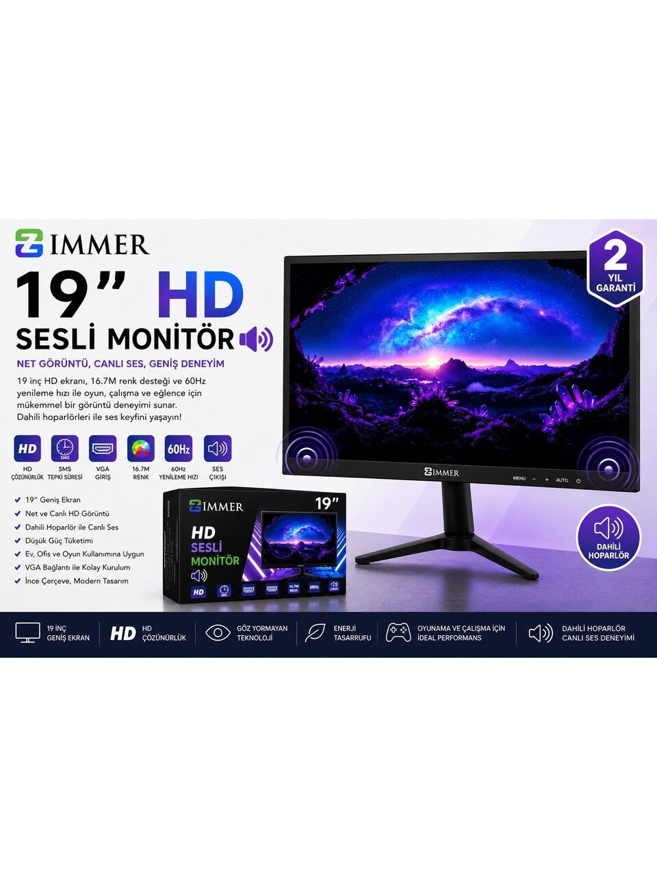 Zimmer 19 Inç Hd Sesli LED Monitör