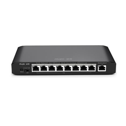 RG-ES109G-LP-L 9-Port Gigabit Yönetilemez Switch, 8 Gigabit RJ45 POE/POE+ Port, Harici AC-DC Adaptör, 54W POE Kapasitesi