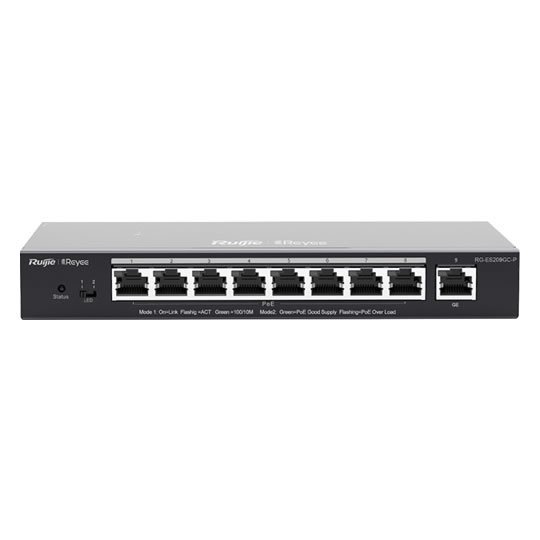 RG-ES209GC-P 9-Port Gigabit Smart POE Switch, 8 POE/POE+ Port, 120W POE Kapasitesi, Masaüstü, Çelik Kasa
