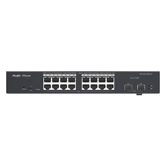 RG-ES218GC-P 16-Port Gigabit Smart POE Switch, 16 Gigabit RJ45 POE/POE+ Port, 2 SFP Slot, 240W POE Kapasitesi, 13-inch Kabinet Tipi, Çelik Kasa