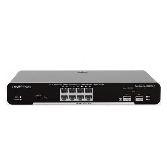 RG-NBS3100-8GT2SFP-P 8-Port Gigabit L2 Yönetilebilir POE Switch, 8 Gigabit RJ45 POE/POE+ Port, 2 SFP Port, 125W POE Kapasitesi, Masaüstü, Çelik Kasa